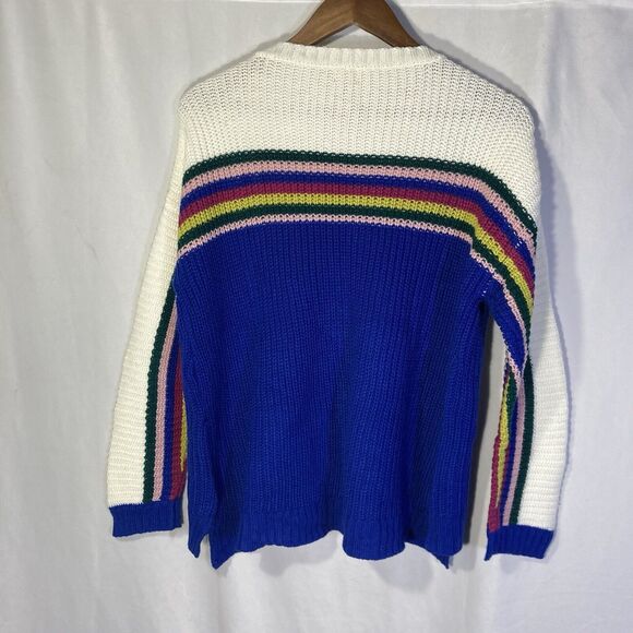 TRUE CRAFT white blue multicolor stripe color block crew neck pullover sweater M - Picture 11 of 11